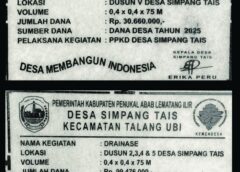 Dugaan Mark Up Proyek Drainase DD 2025 di Simpang Tais Mencuat, Volume Sama Tapi Anggaran Selisih Rp68,8 Juta